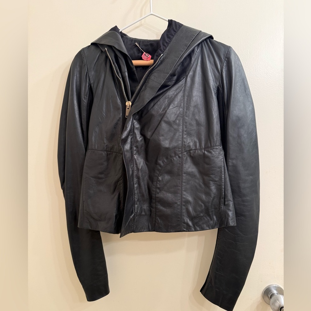 Rick Owens Draped Collar Leather Jacket with Hood XS/S